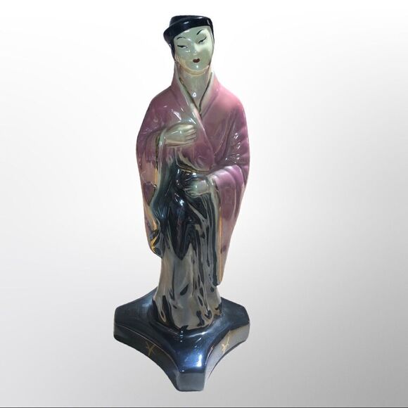 Vintage Japanese Asian Lusterware Man Porcelain 13” Statue Pink Black 1940’s - Picture 1 of 3